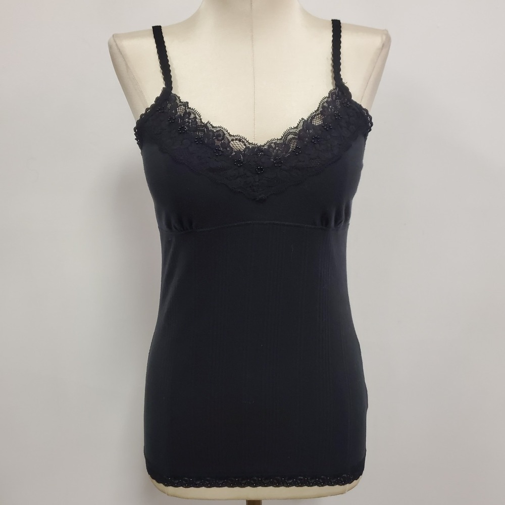 Vtg Mudd Womens Y2K Lace Trim‎ Beaded Babydoll Cami Size M Black Fariry Preppy